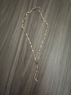 Gold Cross Rosary Necklace with Multicolor Beads - Women's Jewelry